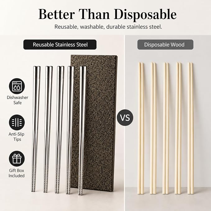 5 Pairs Stainless Steel Chopsticks, 9.25" Metal Set, Non-Slip Tips | 18/8 304 Stainless Steel, 5 Colors, Square Body, Laser-Engraved Tips, Dishwasher Safe, Gift Box