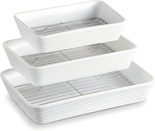 ONEMORE Baking Dishes for Oven, Large Casserole Dishes for Oven with Roasting Racks, Rectangular Ceramic Baking Dish Set of 3 for Cooking & Serving, Handleless Deep Dish Lasagna Pan (3QT/2.1QT/1.3QT)
