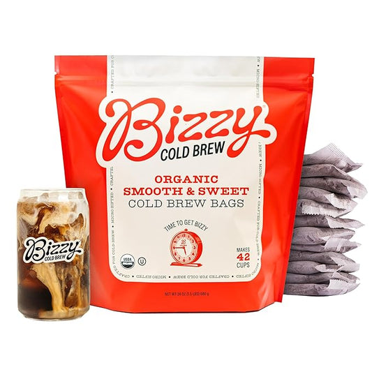 Bizzy Organic Cold Brew Coffee | Smooth & Sweet Blend | Coarse Ground Coffee | Medium Roast | Micro Sifted | Specialty Grade | 100% Arabica | Brew Bags | 12 Count | Makes 42 Cups