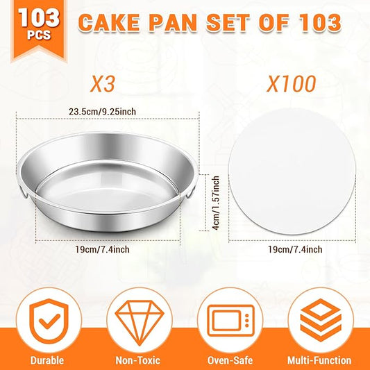 BEWOS 103 Pcs 7.4" Round Cake Pans - Nonstick Stainless Steel Cake Pans with 100 Pcs Parchment Paper, Non-Toxic Cake Baking Pans with Handles, Mirror Finish & Dishwasher Safe