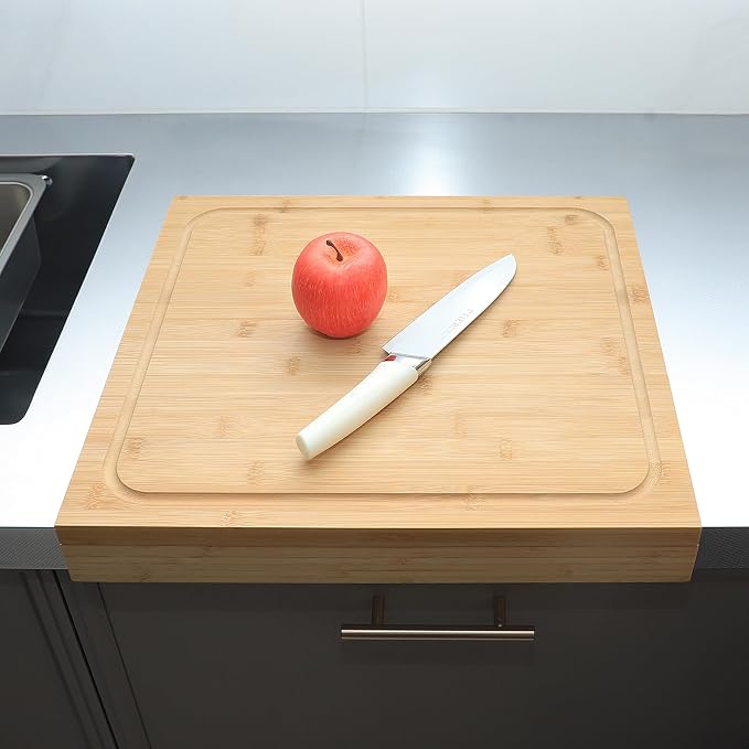 BAMOTTO CRAFTBAMBOO Bamboo Cutting Board 17.7"x15.8" for Kitchen | Detachable Front Lip for Counter Stability | Reversible Dual-Sided Juice Grooves | Sink & Stovetop Cover