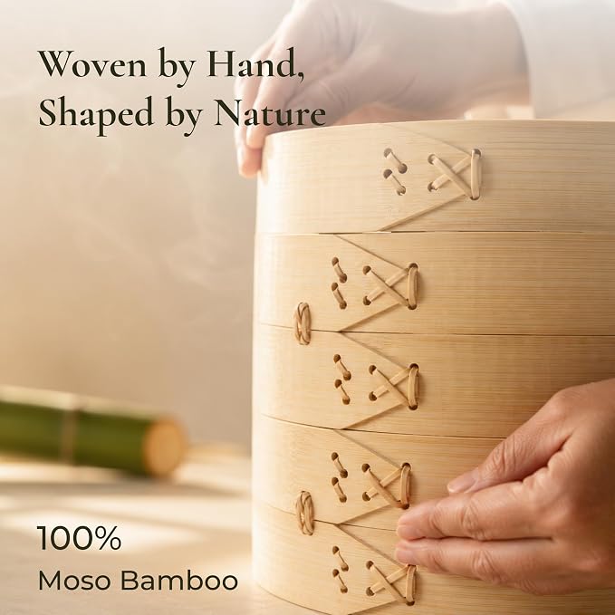 Bamboo Steamer Basket 12-Inch, 2-Tier Dumpling Steamer Cooking | ncl. Silicone Liners, Sauce Dish, Chopsticks - Small Steam Baskets - Food, Dim Sum, Bao Bun, Momo, Rice, Vegetables
