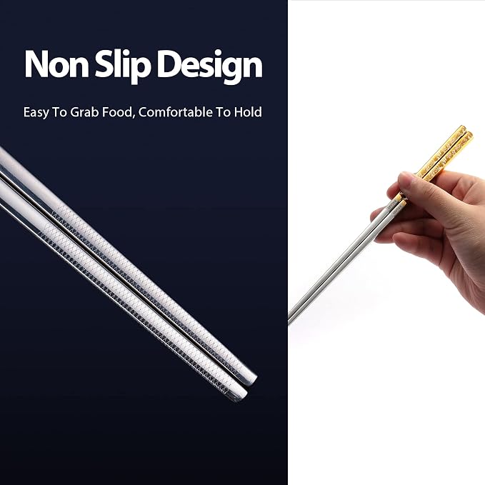 Hagary Tiger Chopsticks Metal Chopsticks Reusable Designed In Korea Japanese Style Stainless Steel 316 18/10 Non-Slip Dishwasher Safe Laser Etched (Gold - 2 Pairs)