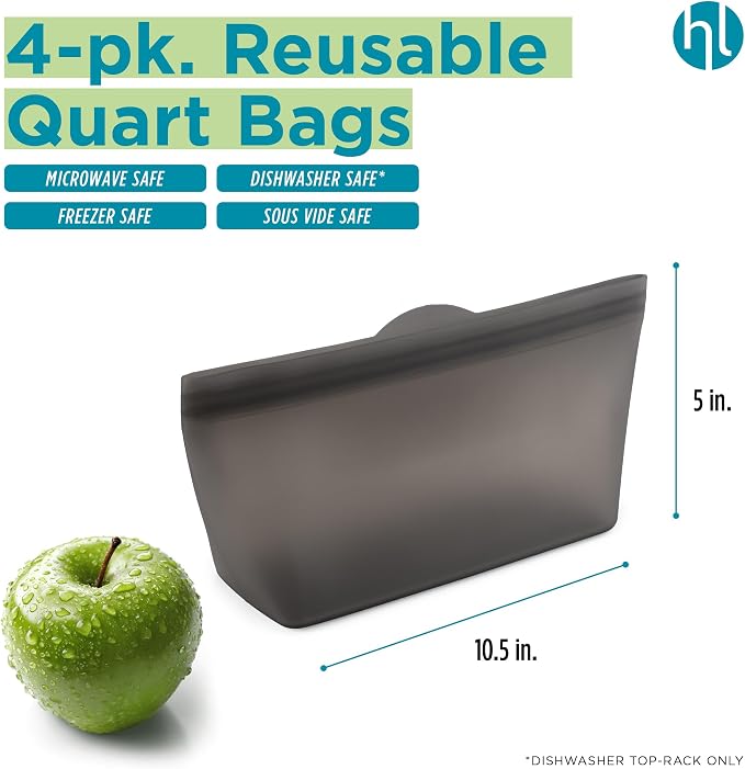 Home Logic Reusable Quart Bags - Set of 4 Alloy Grey Silicone Freezer Bags, Airtight Leak Resistant Reusable Zip Bags for Kitchen Home Food Prep, Microwave & Sous Vide Safe
