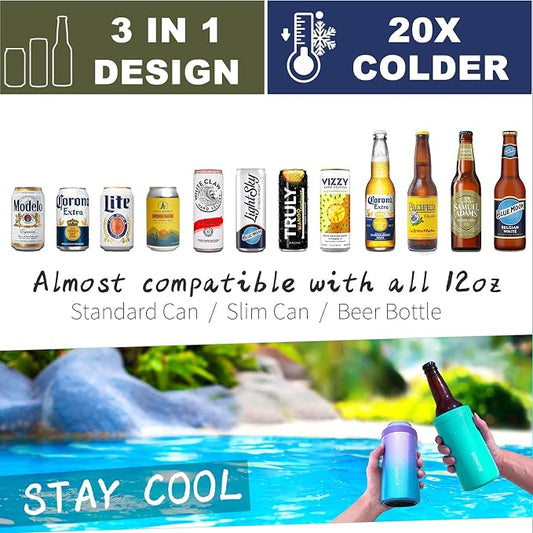 3 In 1 Insulated Universal Can Cooler - Signice Double Walled Vacuum Insulator Stainless Steel Slim Can Cooler for 12 Oz Skinny Tall Standard Regular Can Beer Bottle (Aqua)
