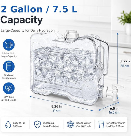 Fridge Water Dispenser with Leak-Proof Spigot, Reusable Refrigerator Drink Dispenser with Handle, Water Jug Beverage Container for Iced Tea, Juice, Lemonade, Party and Daily Use (1, 2 Gallon)