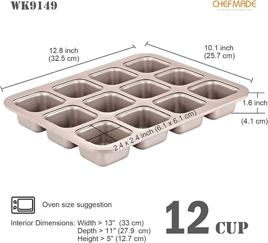 CHEFMADE Brownie Cake Pan, 12-Cavity Non-Stick Square Muffin Pan Blondie Bakeware for Oven Baking (Champagne Gold)