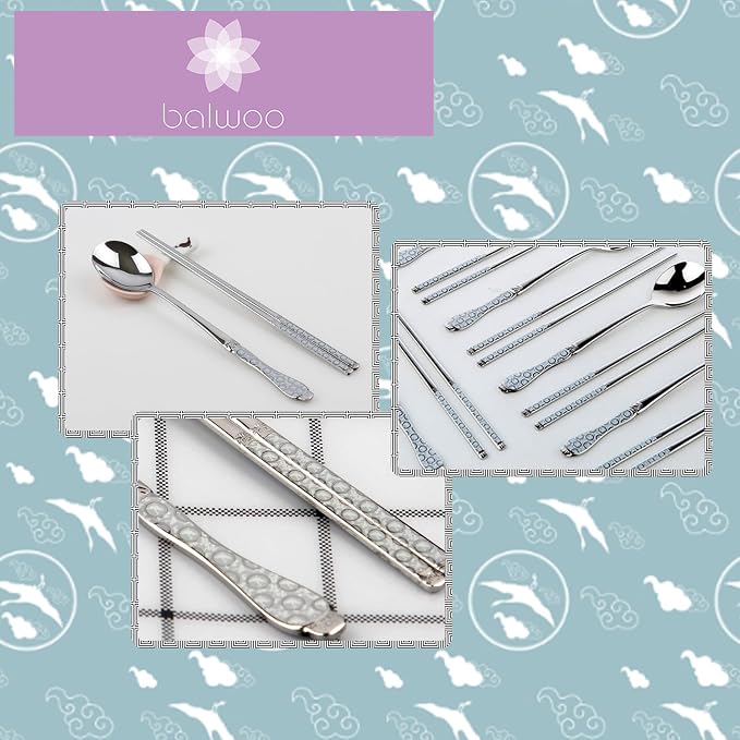[Made in Korea] Goryeo Celadon Design Korean Table Sticky Rice Spoon and Chopsticks 430 Stainless Steel Glossy Surface Mukbang Cutlery (White and Blue)