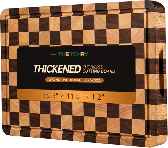 Cutting Boards for Kitchen, Checkered Cutting Board, 1.2" Thick | 16.5" x 11.6" Walnut Wood Chopping Board with Juice Groove&Handle, Double-sided Butcher Block for Prep&Serving with Gift Box