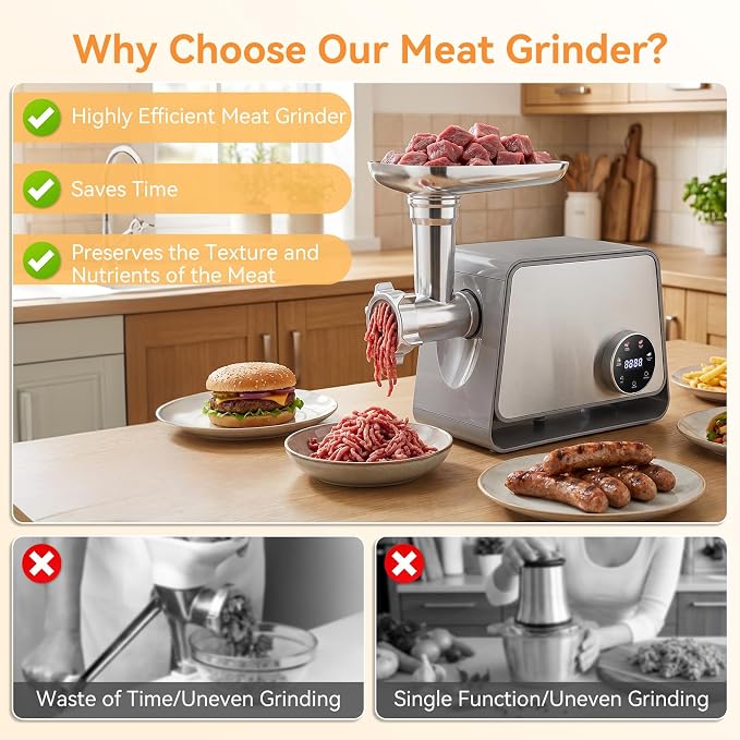Electric Meat Grinder 1200W Max with Touch Color Screen, Vegetable Cutter,Reverse, and Multi-Function for Meat Grinding, Bone Grinding, Sausage & Meatball Making for Home