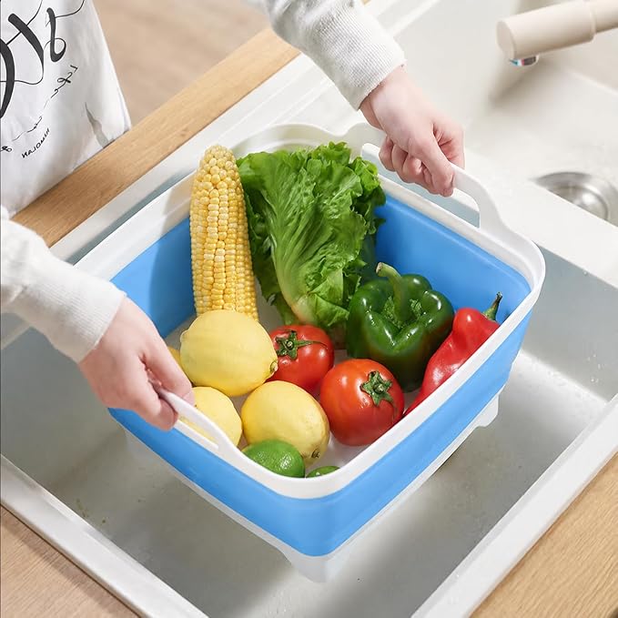2.4 Gal(9L) Collapsible Dish Basin with Drain Plug, Space Saving Outdoor Multiuse Foldable Sink Tub, Dishpan, Kitchen Storage Tray for Camping, Vegetable Washing, RV (Blue)