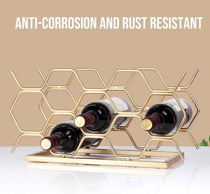 Countertop Wine Rack - 10 Bottle Freestanding Modern Gold Metal Small Wine Rack - Tabletop Wine Holder Stand for Cabinet, Pantry, Wine Bottle Storage……