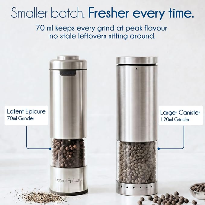 Latent Epicure Electric Salt and Pepper Grinder Set, USB-C Rechargeable | Stainless steel mills with LED light, Adjustable ceramic grinders, One-handed use, Rest tray & gift box included