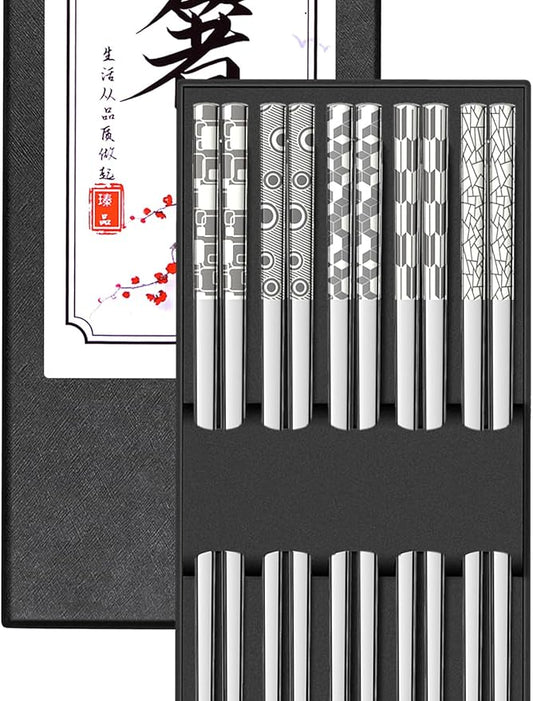 TINMARDA Metal Chopsticks Reusable 18/8 Stainless Steel Chopstick Sleek Engraving Patterns Chop Sticks Reusable Dishwasher Safe Non-Slip Japanese Korean ChopStick 5 Pairs Present Set