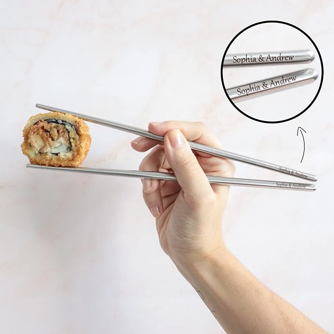 Set of custom reusable metal chopsticks engraved japanese stainless steel dinnerware utensils lot for new home, gifts, party favors, wedding goodie bags, engagements
