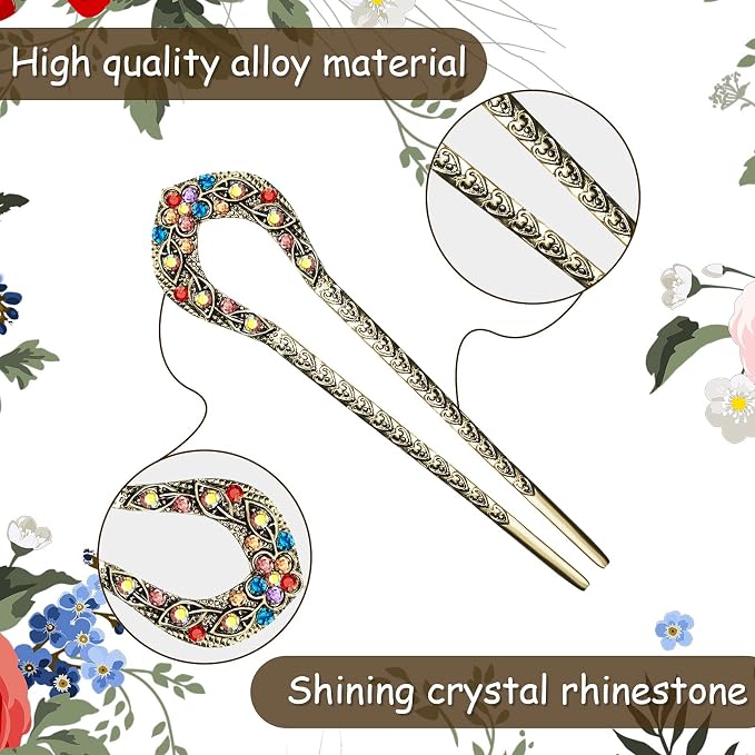 Waydress 5 Pcs Vintage Hair Fork French Hair Pin for Buns Metal Chignon Pin Chopsticks Crystal Rhinestone Double Prong Hairpin Stick U Shaped Bun Accessories for Women(Elegant Pattern)