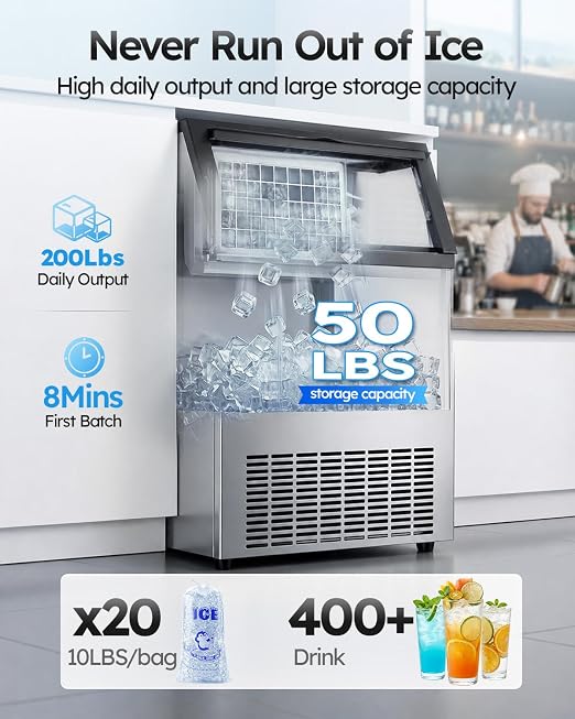 Commercial Ice Maker Machine, 200 lbs/24H with 50 lbs Storage Bin, 55 Clear Ice Cubes/Cycle, ETL Approval Stainless Steel Undercounter Ice Machine with Self-Cleaning & Water Filter for Home, Bar