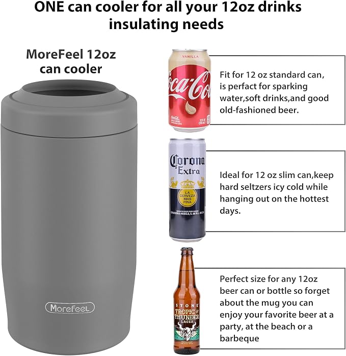 Morefeel 4-in-1 Insulated Can Cooler for 12 oz Cans & Bottles | 304 Stainless Steel Can Holder Fits 12 Oz Slim Cans, Standard Cans, Beer Bottles & Works as A Open Cup; Dishwasher Safe