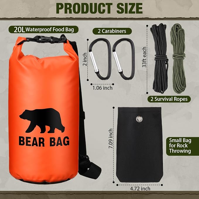 Foilswirl 1 Set Bear Food Bag for Camping Ultralight Food Hanging System Includes Waterproof Bear Bag, Nylon Ropes, Hooks for Camping Backpacking