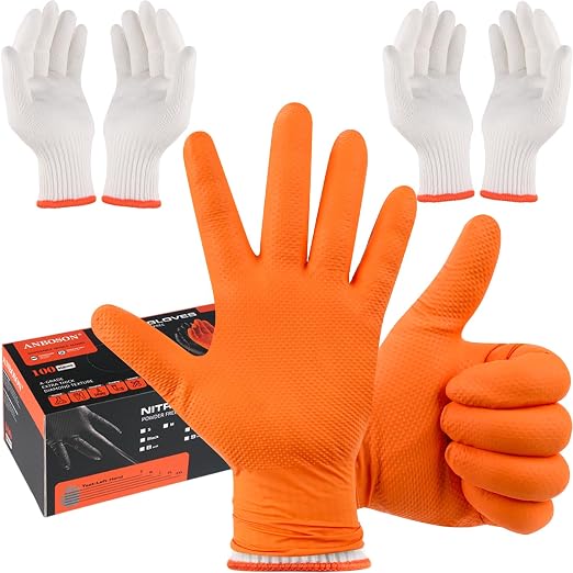 ANBOSON BBQ Gloves Disposable, Heat Resistant Grilling Gloves for Cooking | 10Mil Heavy Duty Nitrile Gloves-100Ct &4 Cotton Liners for Meat Handling Smoker for Hot Food Prep,Non-Slip Grip,XLarge,Orange