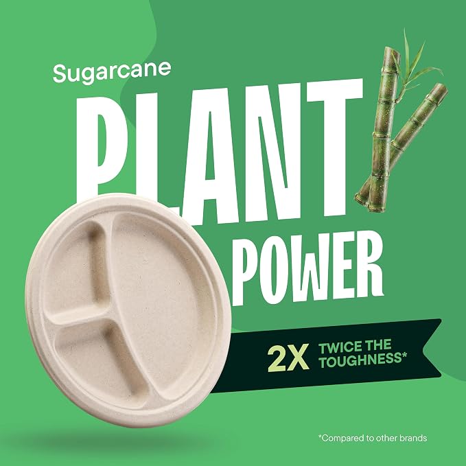 100% Compostable, 3 Compartment, Disposable Paper Plates [125-Pack] - {PFAS Free} - {BPA Certified} - [9 Inch] Heavy Duty Biodegradable Bagasse Sectional Lunch Trays + Dividers - Divided Platte Tray | Eco-Friendly Biodegradable 3-Compartment Lunch Tray...