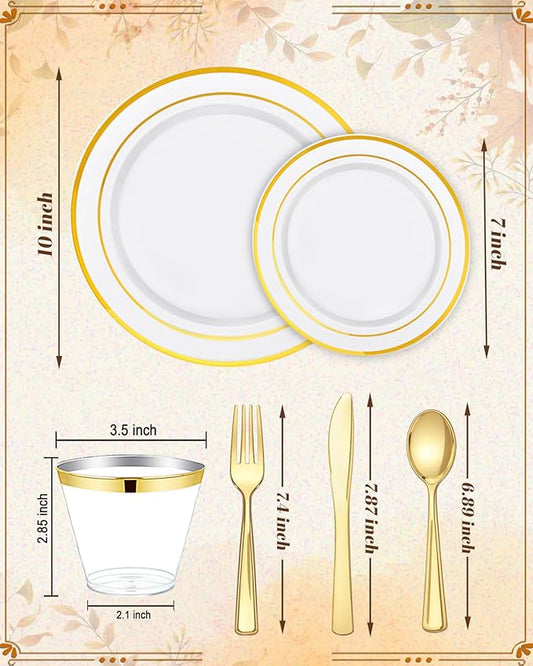 bUCLA 150PCS Gold Plastic Dinnerware Set Disposable - Heavy Duty Gold Plates Include 25 Dinner & 25 Dessert Plates,25 Forks,25 Knives,25 Spoons&25 Cups for Party&Thanksgiving Table Decor