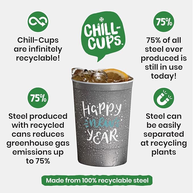 Steel Chill Cups 16 oz. Reusable Party Cups, Happy New Year, 12 Count | Made in USA from Steel these durable cups chill fast & keep your drink cold for longer, 100% recyclable for sustainablity