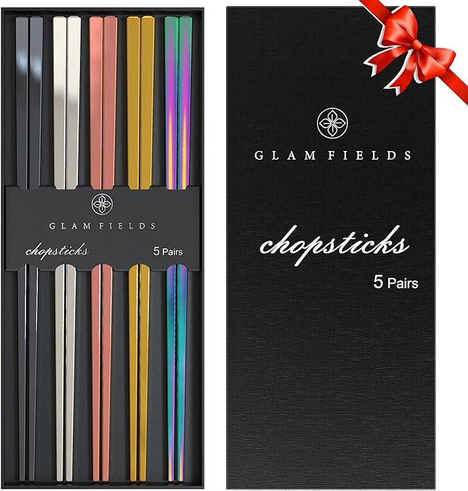 GLAMFIELDS Metal Chopsticks Reusable Chopsticks Dishwasher Safe Multipack Stainless Steel Japanese Style 5 Pairs Lightweight Chop Sticks Gift Set