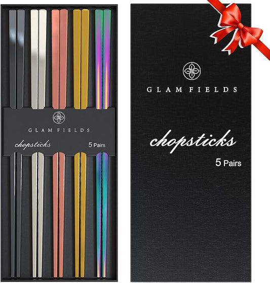 GLAMFIELDS Metal Chopsticks Reusable Chopsticks Dishwasher Safe Multipack Stainless Steel Japanese Style 5 Pairs Lightweight Chop Sticks Gift Set