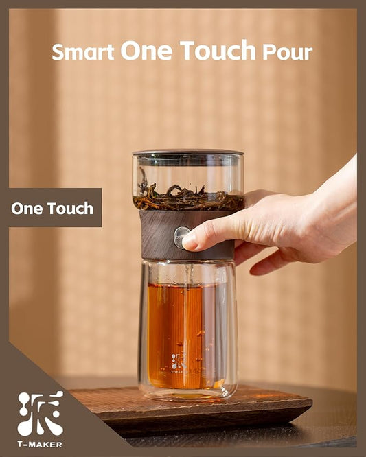 ZENS Modern Glass Infuser Teapot, One Touch Tea Maker for Loose Leaf Tea with Insulated Mug and Portable Case. Enchanted Pot Alternatives for Tea Lover Gifts