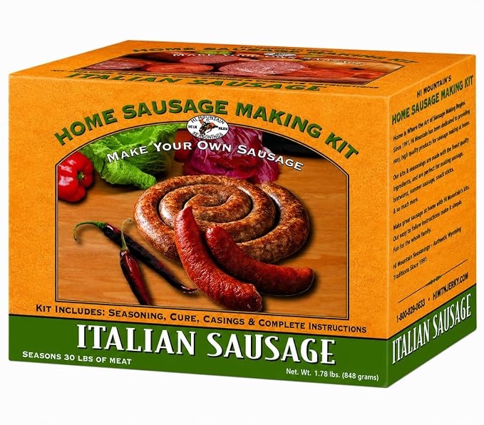 Hi Mountain ITALIAN Sausage Kit | Makes up to 30 lbs | Complete sausage making kit with cure, natural hog casings & directions. Perfect for pork, beef, venison, deer, & elk