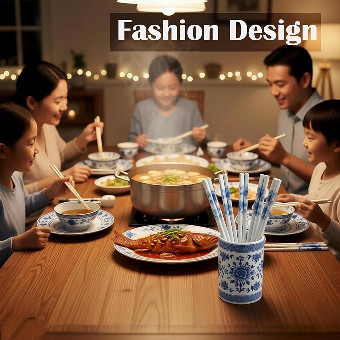 Ceramic Chopsticks Reusable 5PC,Porcelain Chop Sticks,Blue White,9.7'' | Easy to Clean,Dishwasher Safe,Heat Resistant,5 Pairs,with a Gift case,Cooking Chopsticks,High-grade Bone China Porcelain