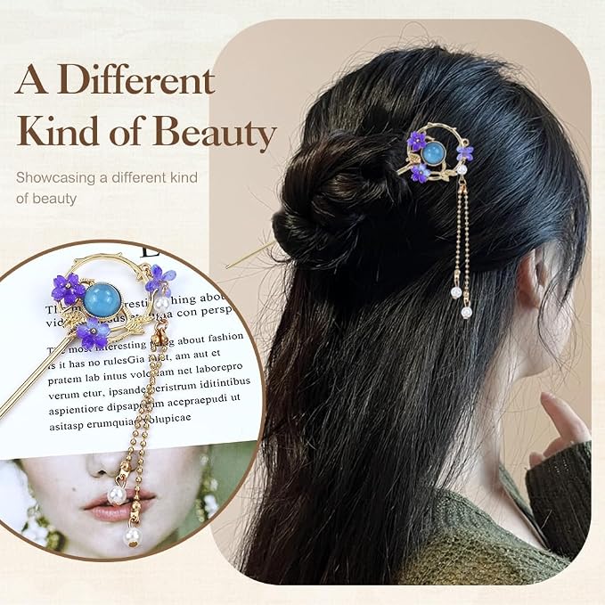 inSowni 8 Pieces Retro Asian Chinese Traditional Hanfu Butterfly Flower Metal Hair Sticks with Pearl Pendants Long Hair Pins Forks Chopsticks Bun Updo Holders for Women Girls