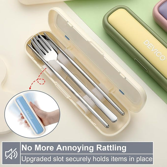 DEVICO Utensils for Lunch Box, Portabl Korean Chopsticks Fork and Spoon Set | 4Pcs 18/8 Stainless Steel Travel Silverware Set with Case, for Camping/School, for Kids/Adults, Dishwasher Safe, Beige-Blue