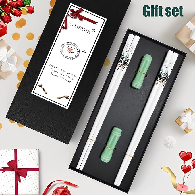 Porcelain Chopsticks, Green Bamboo,2 Pairs with Ceramic Holder | Reusable, Delicate Box,Dishwasher Safe, Chinese Japanese Korean Classic Stylish