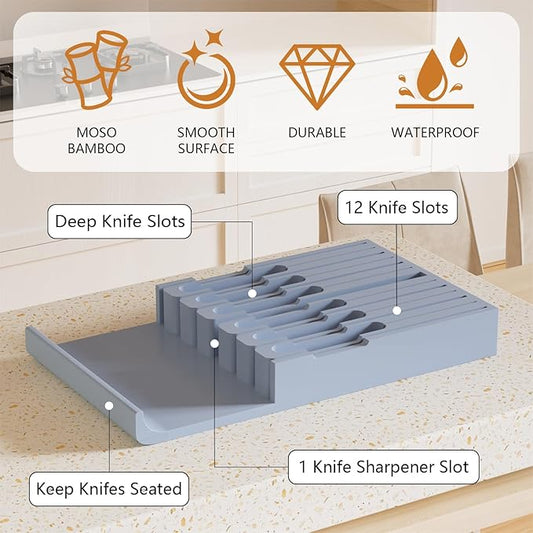 Domax Bamboo In-drawer Knife Block - Knife Drawer Organizer Insert Large Handle Steak Knife Holder, Kitchen Drawer Knife Organizer Fits for 12 knives and 1 Sharpening Steel (Not Included), Gray