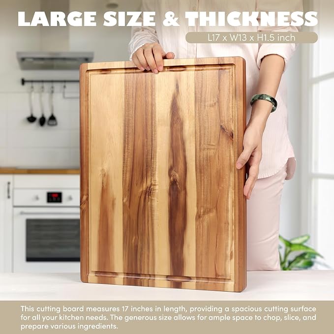 Acacia Wood Cutting Board (17x13x1.5in) and Wooden Butcher Block, Chopping Board - Reversible Multipurpose For Meat, Cheese Board, Vegetables, Bread...with Juice Groove, Cracker Holder & Inner Handles
