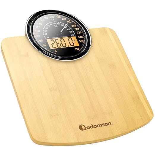 Hybrid Bathroom Scale - Analog & Digital Display, Accurate to 400 lbs | See weight on both an analog dial and digital LCD at once. Wide glass platform, accurate to 0.2 lbs, batteries included.