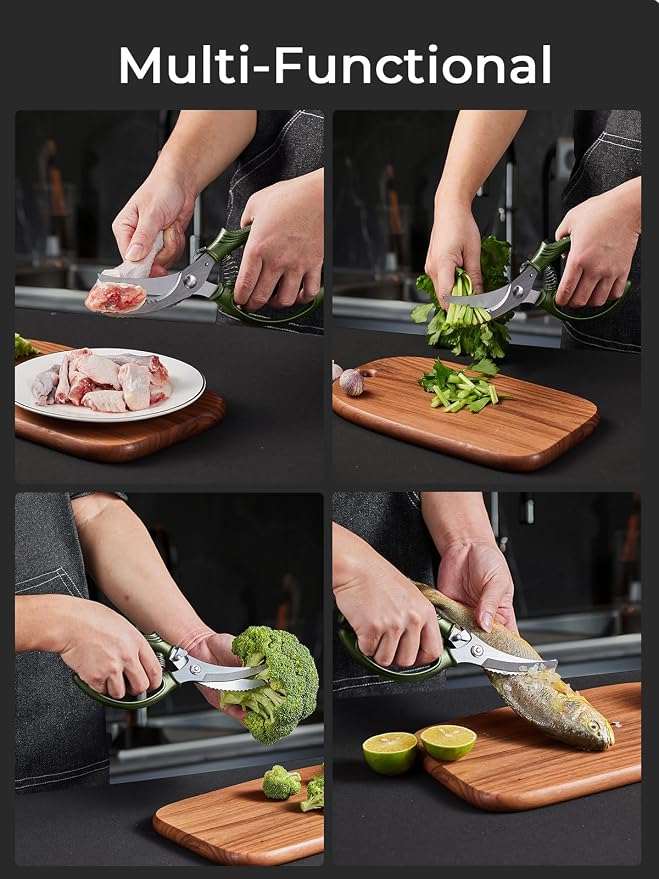 Poultry Shears, Heavy Duty Kitchen Shears With Anti-Slip Handle & Safety Lock, Poultry Scissors for Meat, Chicken, Bone,Turkey, Fish, Spring Loaded, Dishwasher Safe(Olive Green)