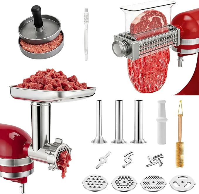 Meat Grinder & Meat Tenderizer Attachments Compatible with KitchenAid Stand Mixer, 3 Adjustable Thickness - Includes 4 Grinding Plates, 3 Sausage Stuffer Tubes & Burger Press
