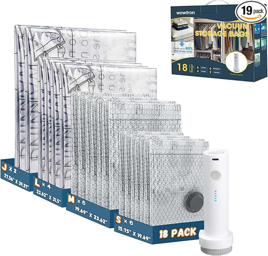 Space Saver Vacuum Storage Bags with Electric Pump, 18 PCS (6S,6M,4L,2J) Space Saver Vacuum Seal Bags for Clothing, Travel, Bedding, Blanket, Pillow, Comforter