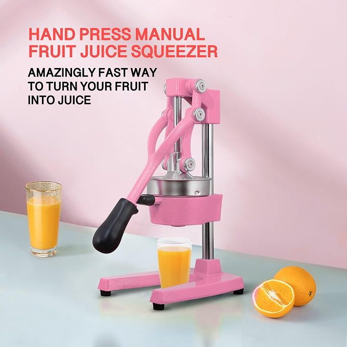 Commercial Heavy Duty Cast Iron Hand Press Manual Orange Citrus Lemon Lime Grapefruit Pomegranate Fruit Juice Squeezer Machine with Stainless Steel Cup Pink