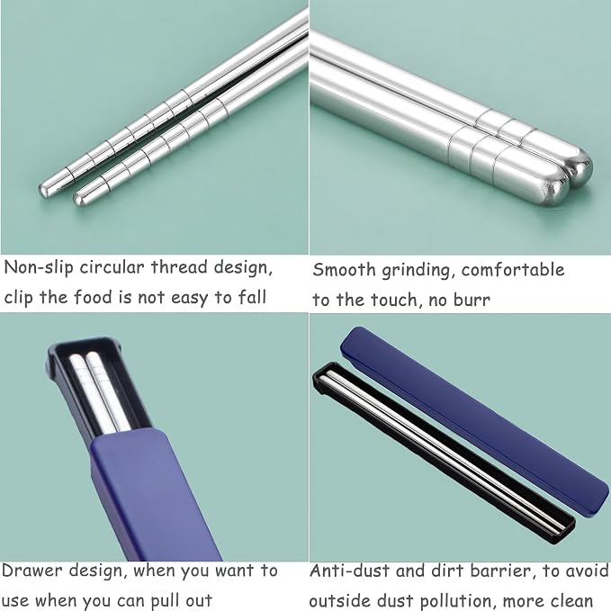 Stainless Steel Metal Chopsticks - 1 Pair Reusable with Pull Design Case - Portable Utensil for School, Home, Office, Camp, Travel & Bento Box (Dark Blue)