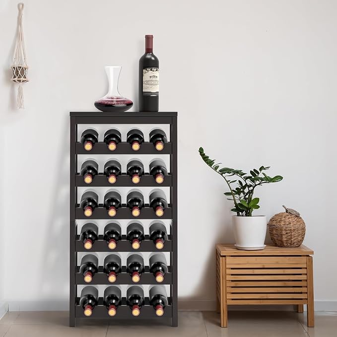 Wine Rack Free Standing Floor,6 Tier 24 Bottles Floor Wine Storage Shelves | Bamboo Wine Rack with Table Top,Wine Organizer Shelf for Kitchen Dining Room Bar,Easy-Assembly,Dark Brown