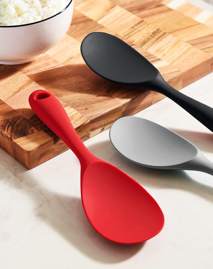 2 Pcs Silicone Rice Paddle,Non Stick Rice Spoon Scooper Spatula,Heat Resistant Rice Cooker Spoon(Black)