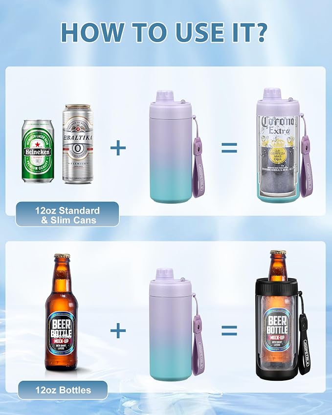JOOPETALK Universal Can Cooler with Lid Fits All 12oz Cans& Bottles, 100% Leak-Proof Water Bottle, 4-in-1 Insulated Can Cooler for Beer, Soda & Energy Drinks, Dishwasher Safe