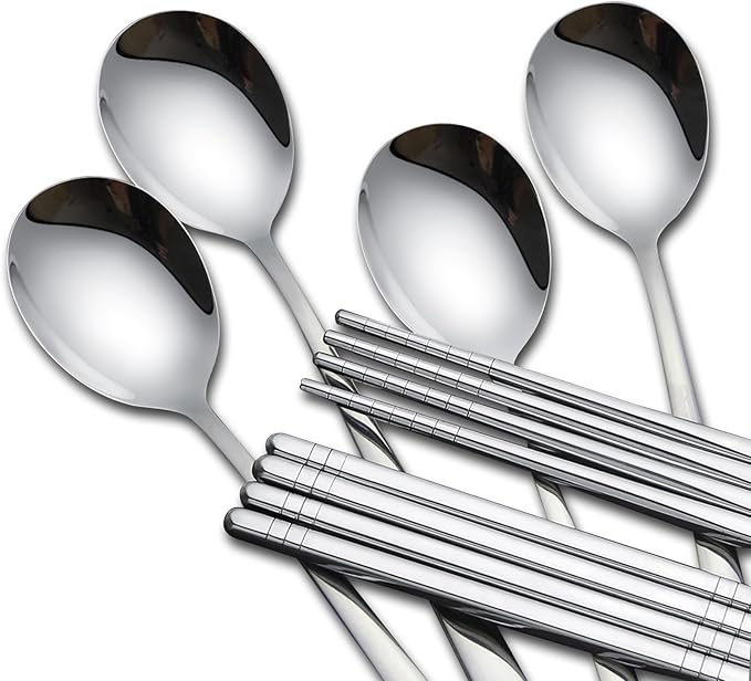 4 Set Korean Chopsticks and Spoons, Stainless Steel Metal Set, Reusable Flat Long Handle Set for Home, Kitchen or Restaurant