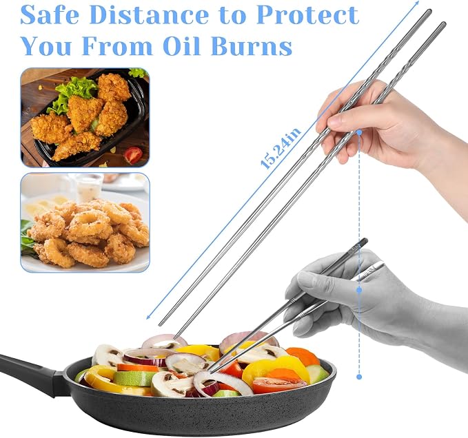 2 Pairs Stainless Steel Chopsticks with Non Slip Threaded, 15.3 Inch Extra Long Cooking Chopsticks Reusable for Hot Pot, Noodle, Cooking, Frying (Silver)