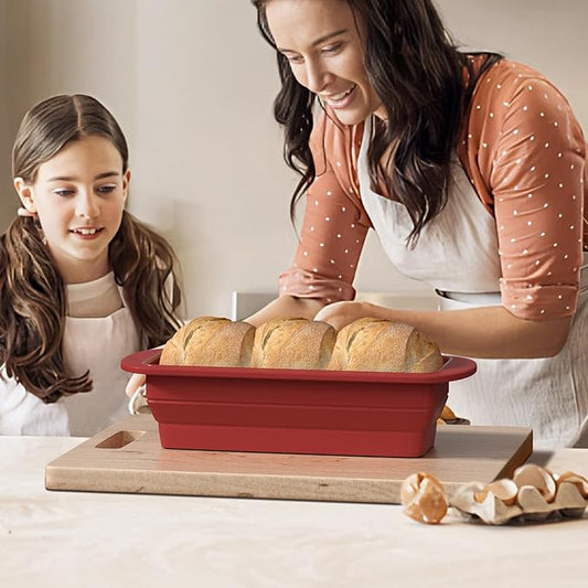 2 Packs of Collapsible Silicone Bread Loaf Pan With Foldable Function and Metal Reinforced Frame,Rectangular Non-Stick Baking Mold Pans for Oven, Bread, Cake, Easy Release(9"x4"x2.5", Red, 2 Pieces)