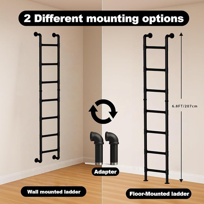 Black 7-Step Wall Mounted Ladder, 7FT Steel Egress Window Well & Loft Ladder for Attic Basement Gym – Wall/Floor-Mounted Indoor Climb for Small Spaces & Storage Access
